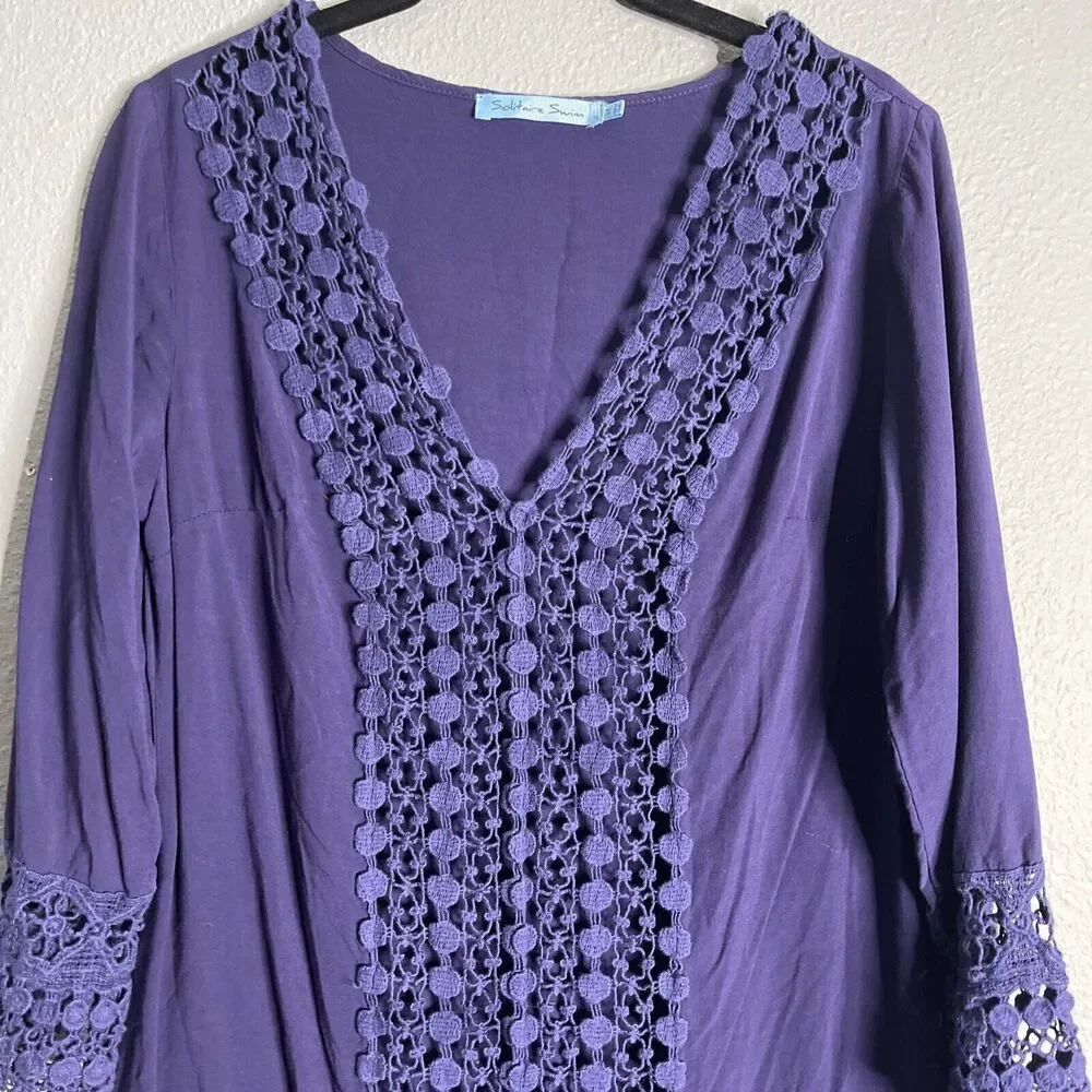 Solitaire Top Women Medium Purple Swim Tunic Crochet Cover‎ Up Sheer Pullover
